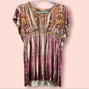 white yellow and purple oneworld flowy short sleeve top size 1X